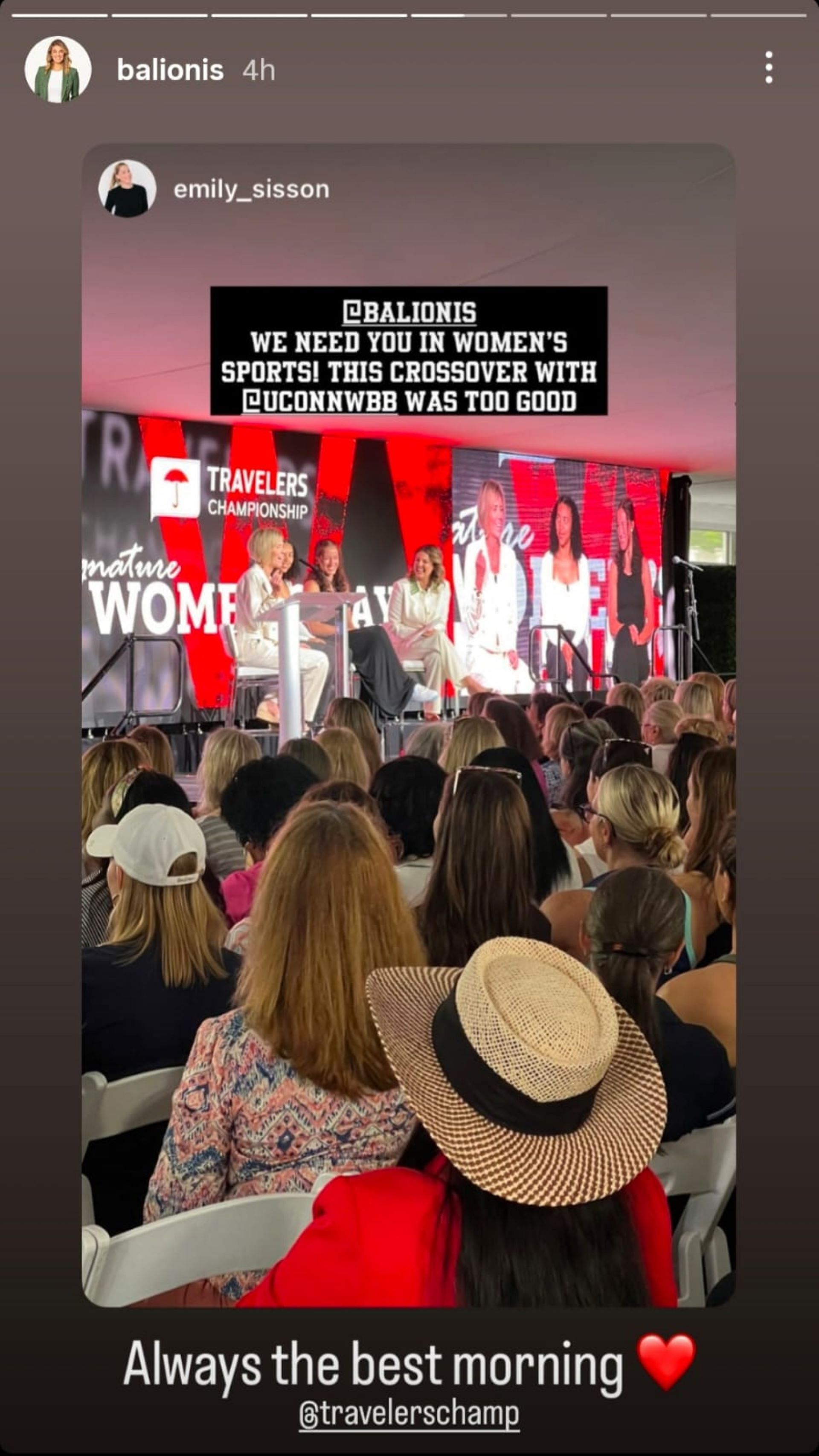 Amanda Balionis reshared a post from the Travelers Championship after an attendee praised her, saying, “We need you in women’s sports!” (via @balionis)
